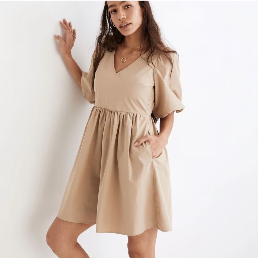 Madewell Poplin V-Neck‎ Bubble-Sleeve Mini Dress Toasted Sesame Size 4